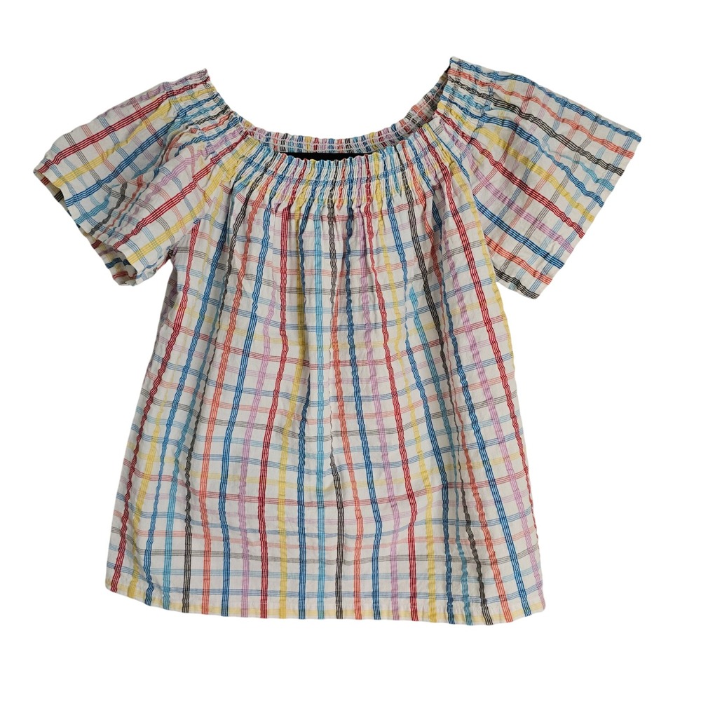Trina Turk Womens Rainbow Plaid Smocked Off Shoulder Cotton Blouse Top Medium